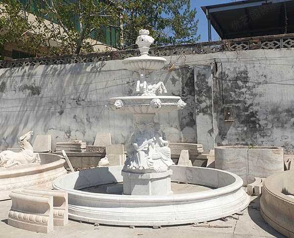 工厂现货石雕喷泉欧式人物动物组合大理石喷泉